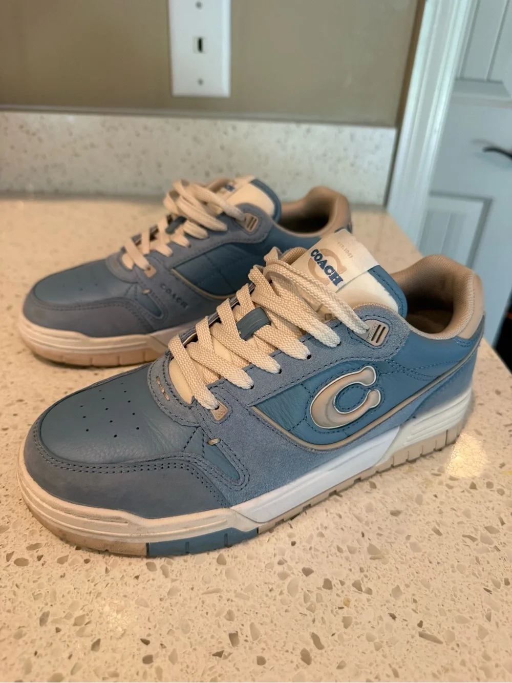 Coach Blue Leather Sneakers with Cream Accents